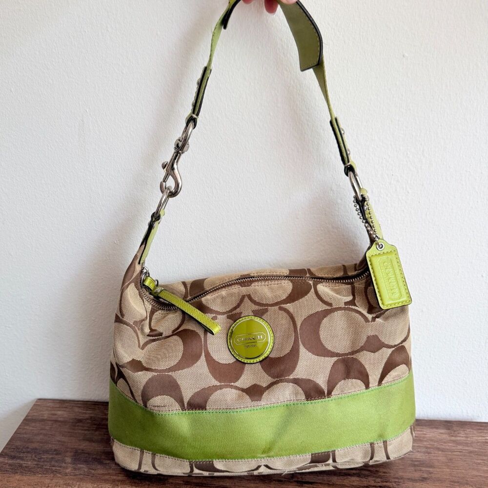 Coach Signature Stripe Hobo Bag Green Khaki Canvas Leather Trim Y2K Purse